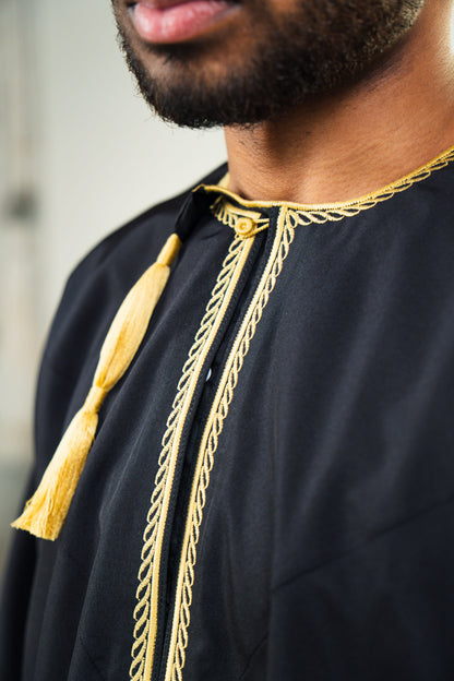 Black Premium Thobe | Minimal Gold Embroidery | Omani-Style
