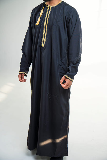 Black Premium Thobe | Minimal Gold Embroidery | Omani-Style